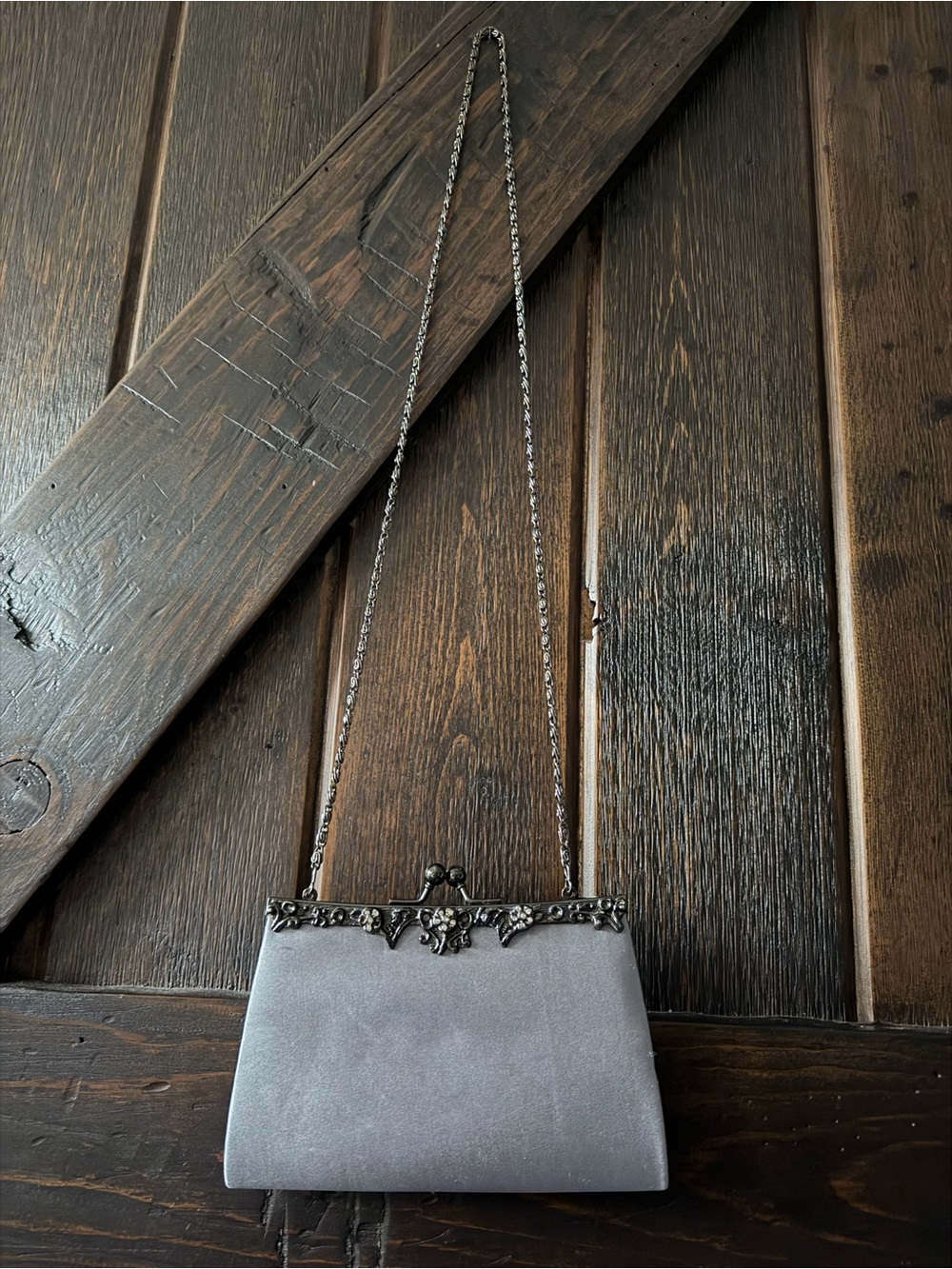 Vintage Jessica McClintock Gothic Silver Satin Victorian Evening Bag Chain
